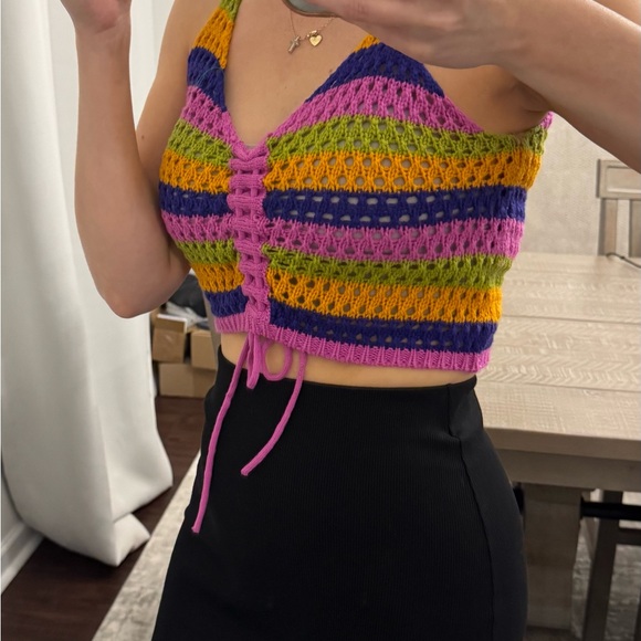 Runway Tops - Colorful Striped Crochet Crop Top